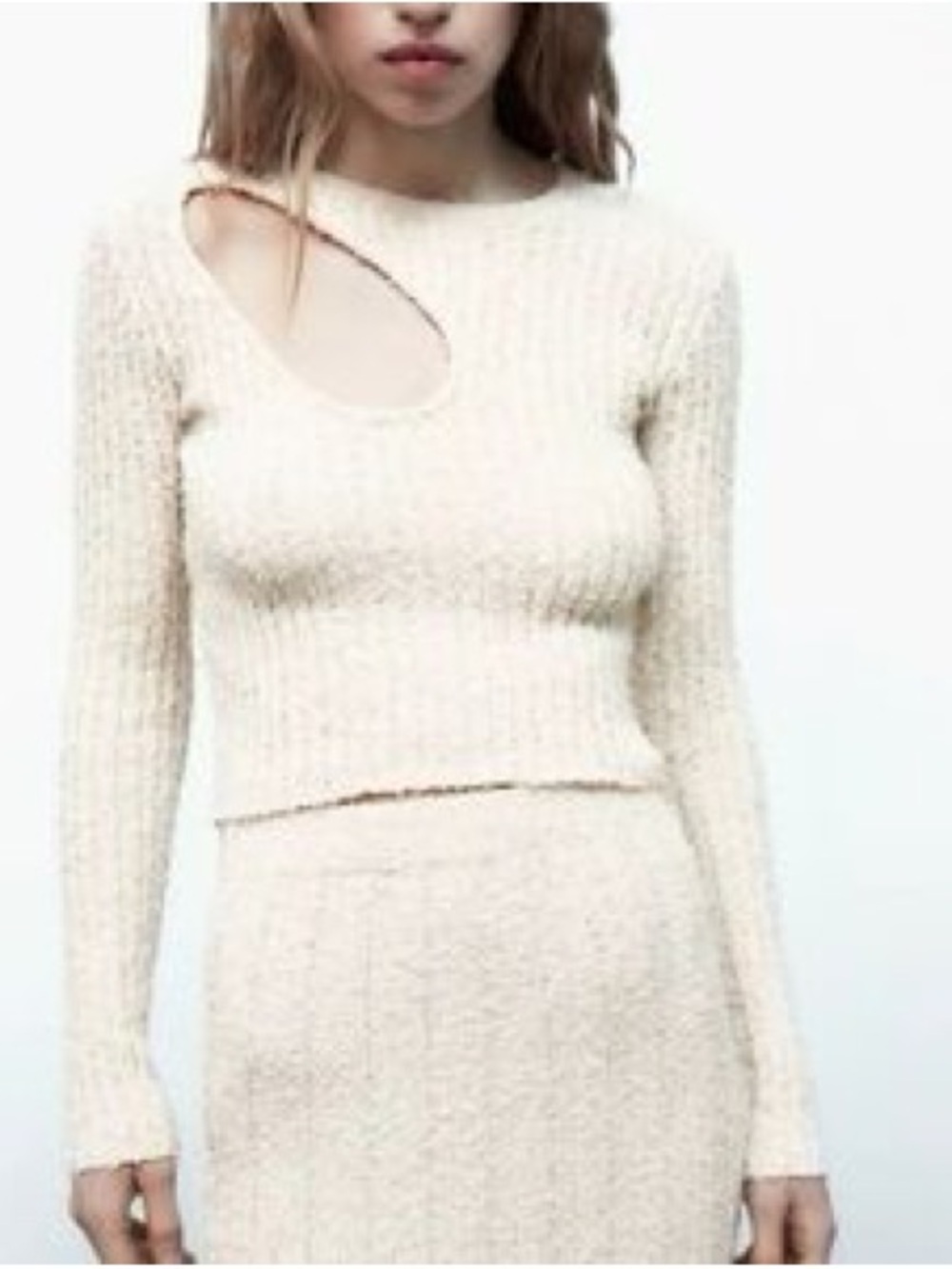 Zara Cream Ribbed Long Sleeve Cutout Top